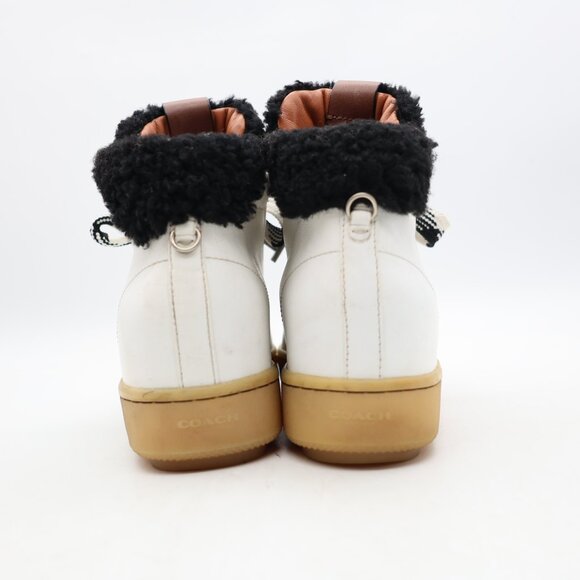 Coach High-Top Wedge Hiker Leather Women's Sz 8 B White Black Shearling Bow Fur - Picture 5 of 10